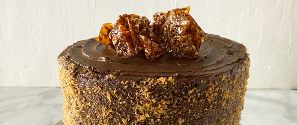 Pecan Praline Candy Topping On Chocolate Cake