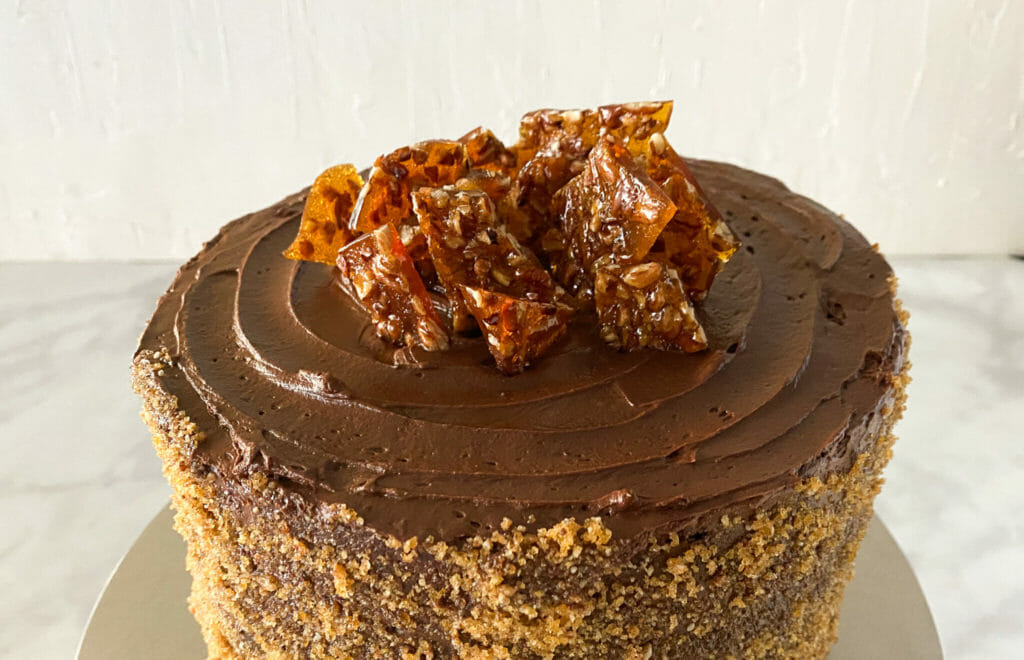 Whole Chocolate Buttermilk Cake with Pecan Praline Candy & Whipped Chocolate Ganache