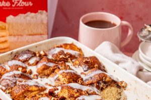 cinnamon roll "casserole" made with swans down cake flour