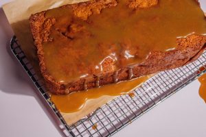 Apple Fritter Loaf Cake topped with Salted Caramel Glaze recipe image