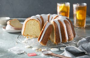 A Sweet Tea Pound Cake drizzled with a white glaze