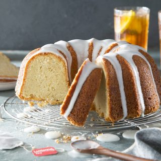 A Sweet Tea Pound Cake drizzled with a white glaze