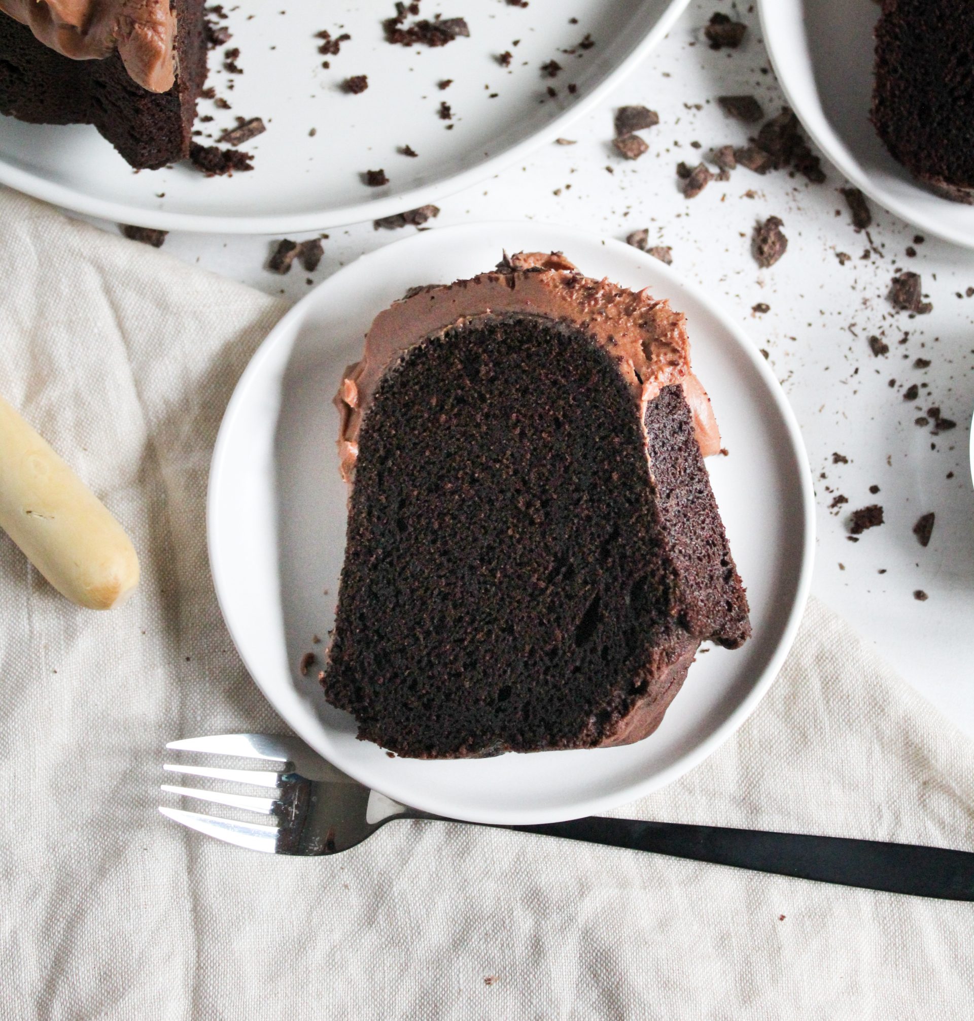 Slice of dark, rich Devil's Food Bundt Cake on a plate