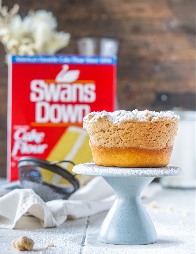 1 mini crumb bundt cake on a tiny pedestal