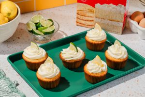 "7Up Cake" Cupcakes on a tray.