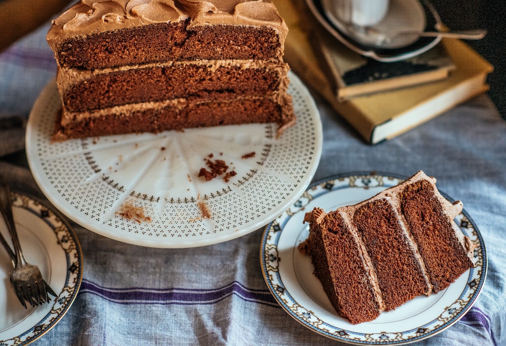 Nana's chocolate cake on a cake plate
