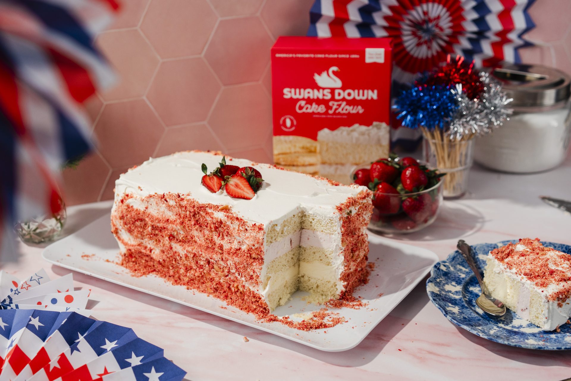 strawberry crunch ice cream cake dressed up for July 4th celebration