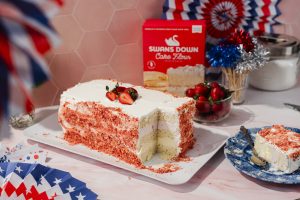 strawberry crunch ice cream cake dressed up for July 4th celebration